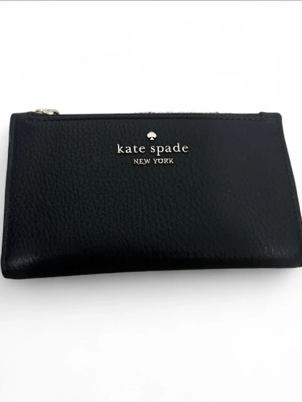 kate spade Black Pebbled Leather Zip Card Holder with Gold Logo